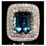 14kt Gold 10.60ct London Blue Topaz & Diamond Ring