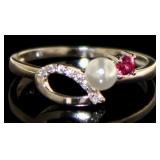 Beautiful Pearl, Ruby & White Topaz Ring