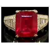 14kt Gold 9.86 ct Em. Cut Ruby & Diamond Ring