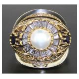 Elegant Pearl & Sapphire Topaz Baguette Ring