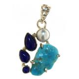 Genuine Turquoise, Blue Lapis & Pearl Pendant