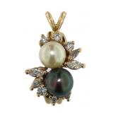 14kt Gold Tahitian/White Pearl & Diamond Pendant