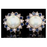 Beautiful Pearl & Sapphire Stud Earrings