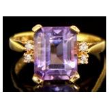 10k Gold Step Cut 3.68 ct Amethyst & Diamond Ring