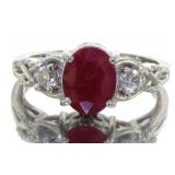 Genuine Oval Ruby & White Zircon Ring