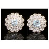 Natural Aquamarine & White Zircon Stud Earrings