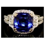 14k Gold 6.44 ct Cush Cut Sapphire & Diamond Ring
