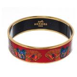 Hermes Red Blue Horse Print Gold Bangle Bracelet