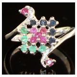 Genuine Ruby , Sapphire, & Emerald Cluster Ring