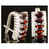 Genuine Garnet & White Topaz Hoop Earrings