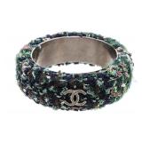 Chanel Green-Toned Tweed And Silver Bracelet