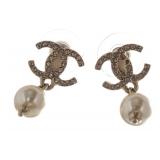 Chanel Crystal Peal CC Drop Earrings