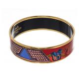 Hermes Red Blue Horse Print Gold Bangle Bracelet