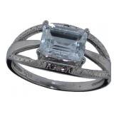Emerald Cut Natural Aquamarine & Diamond Ring