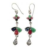 Natural Sapphire, Ruby, & Emerald Dangle Earrings