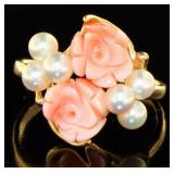 14kt Gold Natural Carved Shell & Pearl Ring