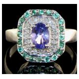 14kt Gold Natural Tanzanite-Diamond-Emerald Ring