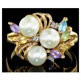 10kt Gold Natural Pearl-Gemstone-Diamond Ring