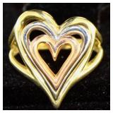 14kt Rose-Yellow-White Gold Triple Heart Ring