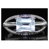 Emerald Cut Natural Aquamarine & Diamond Ring