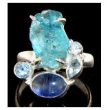 Rough Cut Natural Neon Apatite & Kyanite Ring Rough Cut Natural Neon Apatite & Kyanite Ring