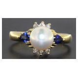 14kt Gold Pearl-Sapphire & Diamond Ring