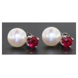 14kt Gold Pearl & Ruby Stud Earrings