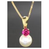 14kt Gold Pearl-Ruby Pendant w/18" Box Necklace