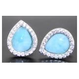 Pear Halo Tear Drop Natural Larimar Earrings