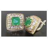 Emerald & White Topaz 4.68 ct Baguette Earrings