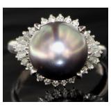 Platinum Gray Pearl & Diamond Ring