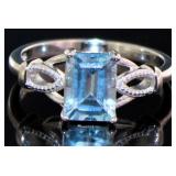 Emerald Cut Natural Blue Topaz & Diamond Ring