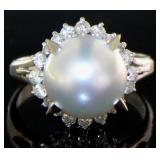 Platinum White Pearl & Natural Diamond Halo Ring