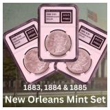 MS63 1883-84-85 New Orleans Morgan Dollar Mint Set
