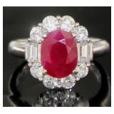 Platinum 3.91 ct Natural Oval Ruby & Diamond Ring