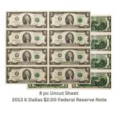 (8) Uncut Sheet 2013 $2.00 Federal Reserve Note