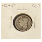 1924 - Philadelphia Mint Mercury Silver Dime Coin