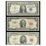 Red Seal $1, $2 & $5 Paper Money Set