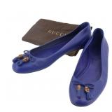 Gucci Blue Leather Bamboo Bow Ballet Flats