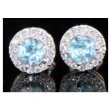 Genuine Swiss Blue Topaz Halo Designer Earrings