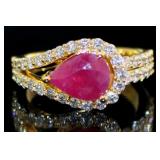 Natural 3.61 ct Pear Ruby & VS Lab Diamond Ring