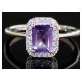 Emerald Cut Natural Amethyst Halo Designer Ring
