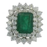 Platinum 6.41ct Natural Emerald & Lab Diamond Ring