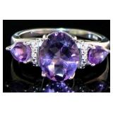 Natural 3.30 ct Amethyst & Diamond 3 Stone Ring
