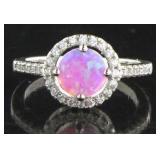 Round Halo Pink Opal & White Topaz Designer Ring