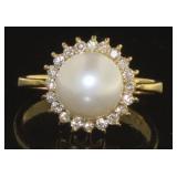 14kt Gold Natural 8.3 mm Pearl & Diamond Ring