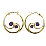 Genuine Amethyst & Diamond Hoop Earrings