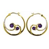 Genuine Amethyst & Diamond Hoop Earrings