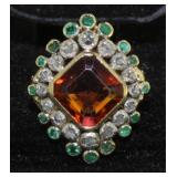 14kt Gold Antique 4.26 ct Citrine-Emer-Diam Ring