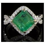 14kt Gold 5.98 ct Step Cut Emerald & Diamond Ring